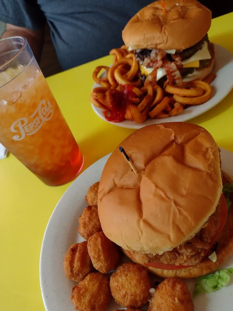 Chicken Fried Chicken Sandwich with Corn Nuggets and the Bru Burger with Curly Fries
